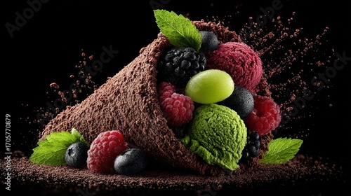A cocoa-dusted cone overflows with vibrant berries and verdant mint against a dark background, suggestive of a delicious dessert or sweet treat