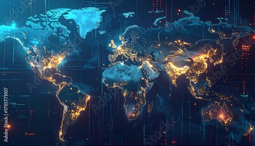 Global network map with glowing city lights