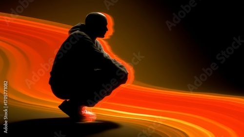 A silhouette of a person seated cross-legged amidst swirling orange and yellow energy flows,