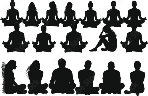 Silhouettes of people meditating and sitting in lotus position, peaceful yoga poses, mindfulness, relaxation, spiritual practice vector illustration.
