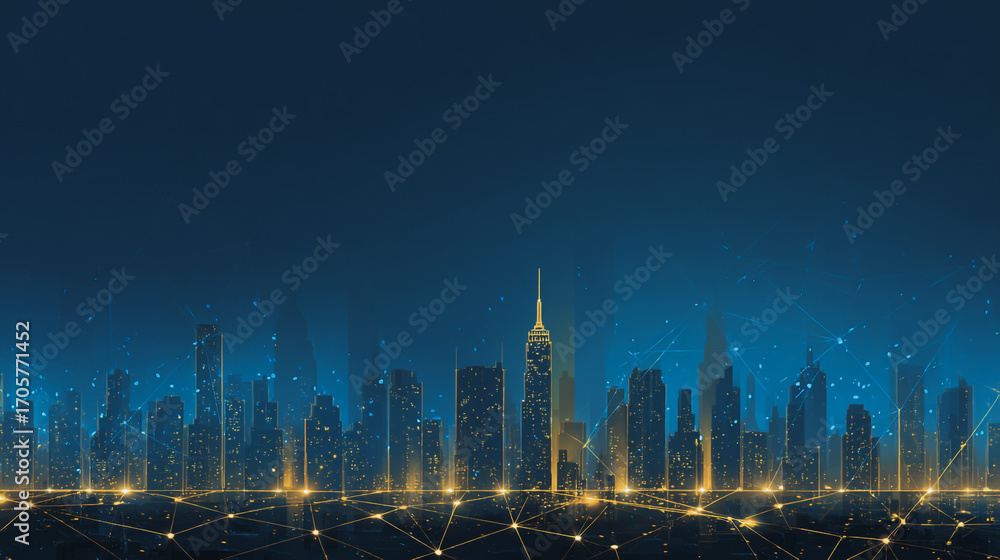 Obraz premium Sunshine in the Smart digital Innovation city with connection network reciprocity over the cityscape. of future smart wireless digital city and social media networking systems that connects