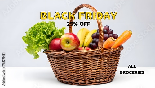 Black friday sale 20 percent off all groceries in wicker basket