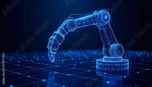Abstract robotic arm, wireframe style, digital network