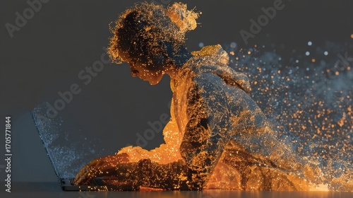 A glowing silhouette of a person composed of vibrant orange and gold particles,