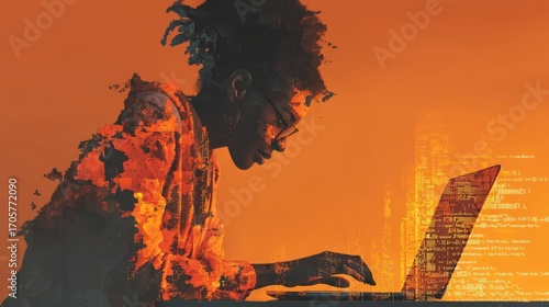 A digital artwork of a software developer working on computer code programming with floating digital algorithms around t