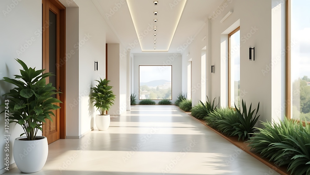 Fototapeta premium Bright and airy interior hallway with large windows, potted plants, and modern lighting for a spacious and welcoming ambiance