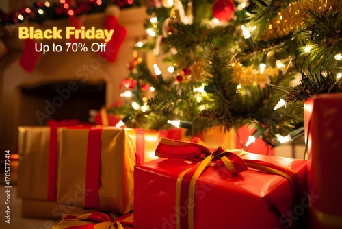 Black friday sale up to 70 percent off with christmas tree and gifts