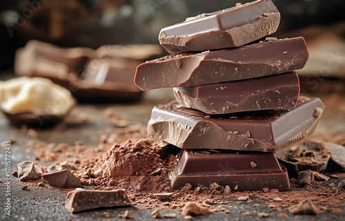 Chocolate Bars Stacked With Cocoa Powder and Chocolate Crumbs on a Rustic Sur...