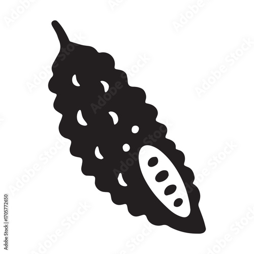 Hand drawn bitter melon with detailed texture and tropical leaf design