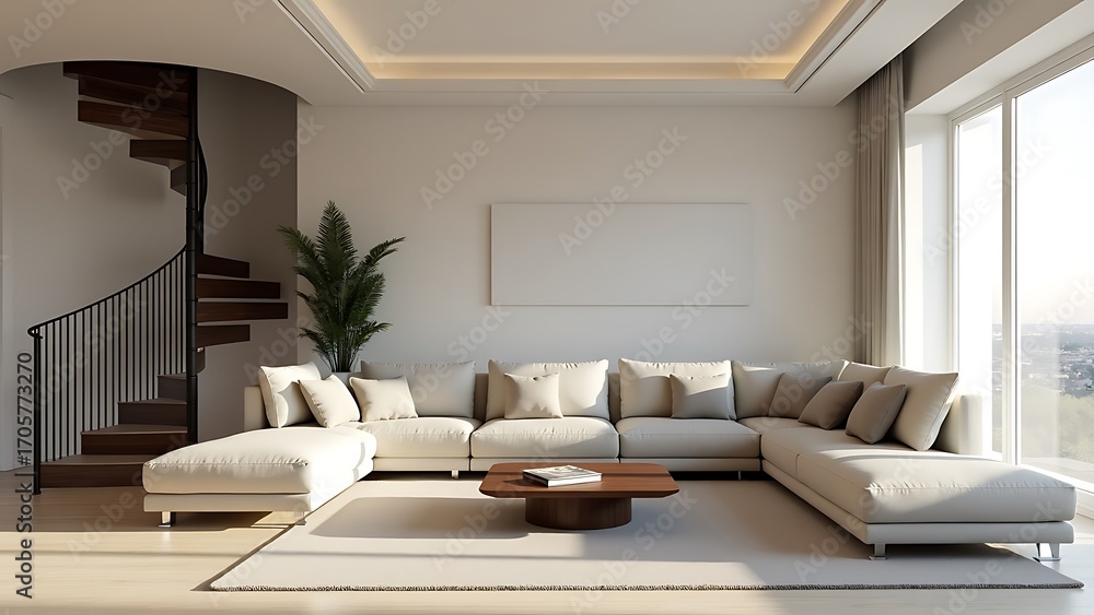 Fototapeta premium Spacious and Elegant Modern Living Room with Comfortable Sectional Sofa and Spiral Staircase, Bathed in Natural Light for a Luxurious Home Interior Design