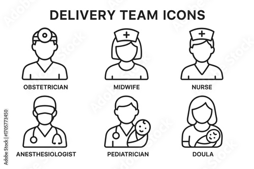 Medical Delivery Team Icons – Obstetrician, Midwife, Nurse, Pediatric Care Line Set_simple_compose