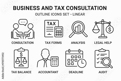 Business and Tax Consultation Icons – Accountant, Audit, Legal Help Line Set_simple_compose