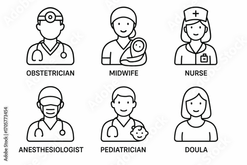 Medical Staff Icons – Obstetrician, Nurse, Pediatrician, Midwife Line Set_simple_compose
