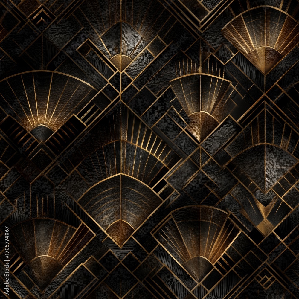 Fototapeta premium Seamless Art Deco geometric pattern with gold angular shapes on black background, elegant vintage wallpaper design suitable for textile, print, or surface decoration