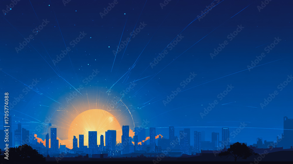 Fototapeta premium Sunshine in the Smart digital Innovation city with connection network reciprocity over the cityscape. of future smart wireless digital city and social media networking systems that connects