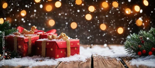 Beautifully Wrapped Christmas Gifts With Festive Decorations and Snow in a Co...