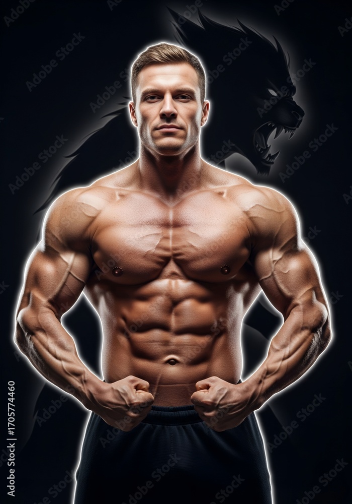 Fototapeta premium A muscular man flexes, his inner self revealed as a snarling wolf shadow. A powerful concept for primal strength, rage, and intensity.