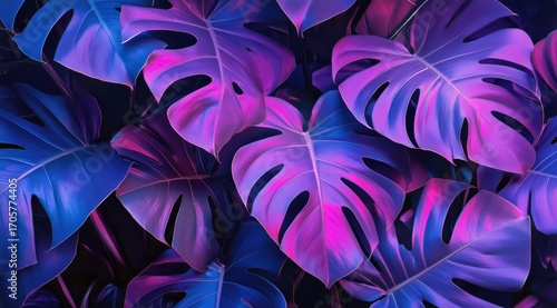 Exotic Monstera Leaves in Vibrant Purple and Blue Hues Create a Tropical Atmo...
