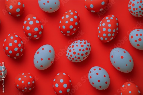Colorful Polka Dot Decorated Eggs Arranged on a Vibrant Background for a Fest...
