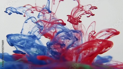 Vibrant display of red and blue ink mixing in water, creating abstract art.