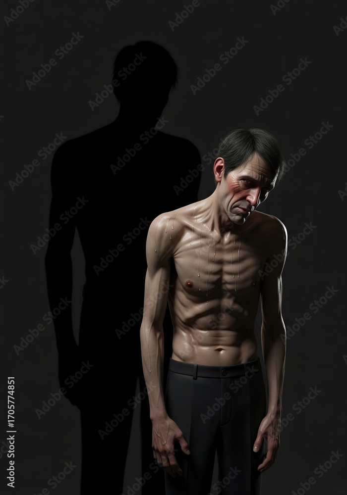Naklejka premium A dramatic portrait of a weak, emaciated man, with his healthy form visible only as a dark shadow. A concept for illness or despair.
