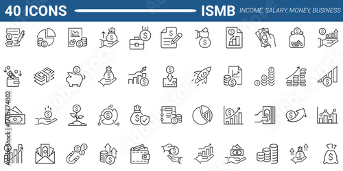 Set of line icon related to income, salary, money, business. Outline icon collection. Editable stroke. Vector illustration. Modern style pictograms and infographics.