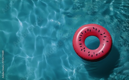 Bright Red Inflatable Donut Floats in Clear Water on Warm Summer Day.