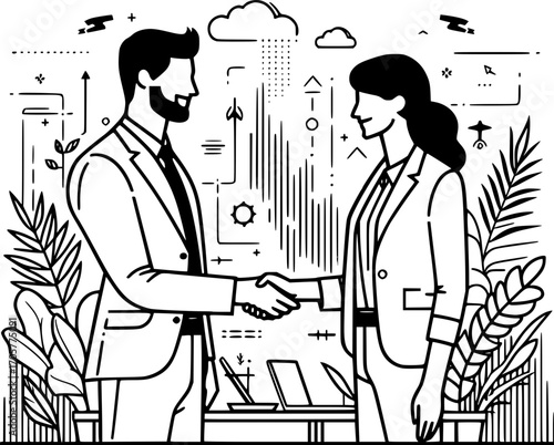 Minimalist black and white line art of two office workers shaking hands in agreement