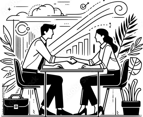 Minimalist black and white line art of two office workers shaking hands in agreement