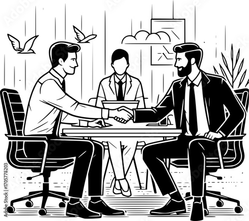 Minimalist black and white line art of two office workers shaking hands in agreement