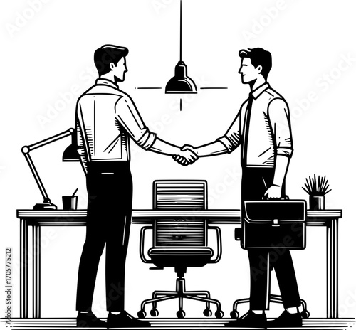 Minimalist black and white line art of two office workers shaking hands in agreement