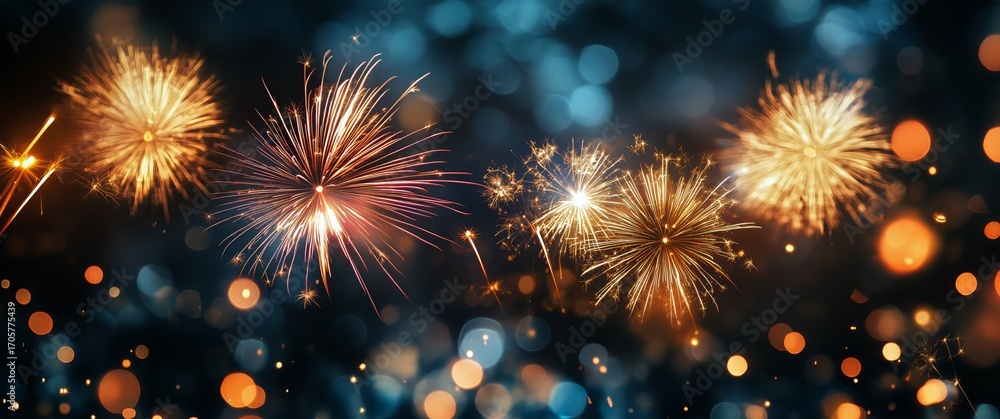 Fototapeta premium Bright Fireworks Illuminate the Night Sky During a Festive Celebration With Sparkling Light Bursts.