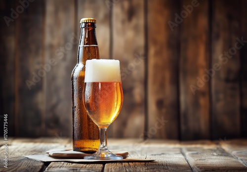 Craft Beer in a Glass Beside a Bottle on a Rustic Wooden Table With Warm Ligh...