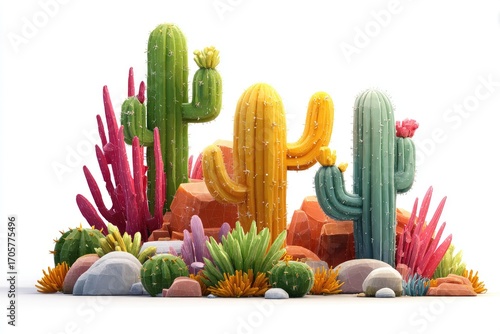 Vibrant, stylized cacti and desert plants, brightly colored, 3D render