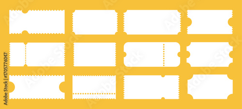 Admit one ticket. Empty train ticket template. Ticket pattern for cinema, circus, theatre festival, casino, club. Boarding blanks, lottery, sale coupons icons. Blanks white flat backdrops.
