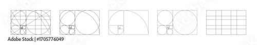 Big set of Golden ratio templates. Method golden section black samples. Fibonacci array, numbers forms. Harmony proportions frames collection. Outline graphic thin illustration.