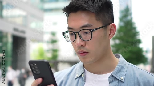 Close-up of a young man looking at his smartphone in an urban setting.