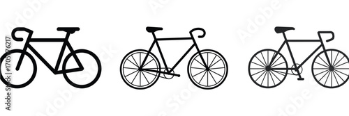 Bicycle icons, stylized bikes, graphic comparison, line thickness, wheel detail, pedal design, chain mechanism, transportation symbols, bike illustration, vector set, cycling graphics, design elements