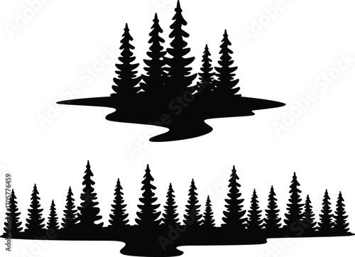 Forest silhouette, conifer trees, natural terrain, black landscape, woodland shapes, tree cluster, outdoor scene, wilderness icon, nature graphic, environmental design, landmass outline, forest art
