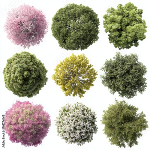 Top view of 9 different trees and bushes, in a color palette of pink, green, yellow, and white