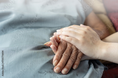 Elderly female hand holding hand of young caregiver at nursing home.Geriatric doctor or geriatrician concept. Doctor physician hand on happy elderly senior patient to comfort in hospital examination