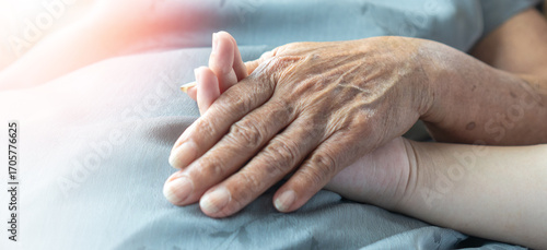 Elderly female hand holding hand of young caregiver at nursing home.Geriatric doctor or geriatrician concept. Doctor physician hand on happy elderly senior patient to comfort in hospital examination
