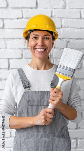 Young caucasian female painter with yellow hard hat and brush smiling