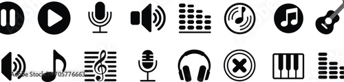 Music icons, audio symbols, playback buttons, microphone, speaker, equalizer, treble clef, piano keys, guitar, headphones, media controls, sound design, black icons