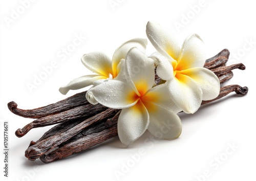 Aromatic vanilla pods with plumeria flowers