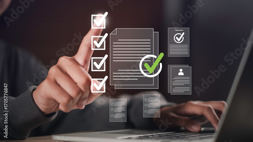 Quality assurance and approval concept with digital checklist, documents, and certification icons, symbolizing trust, guarantee, compliance, and customer peace of mind.
