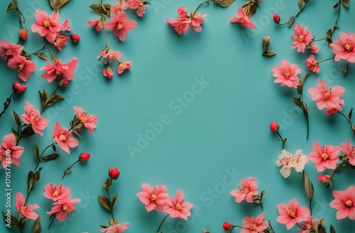 Colorful Floral Arrangement on a Vibrant Turquoise Background With Various Fl...
