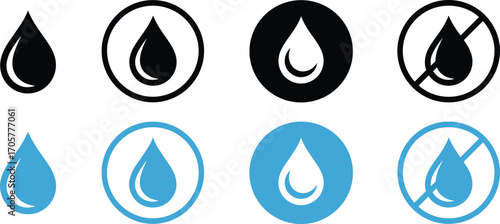 Water droplet icons, blue and black, solid drop, outlined drop, prohibition symbol, hydration icon, fluid graphic, UI element, water usage, conservation, liquid symbol, clean design