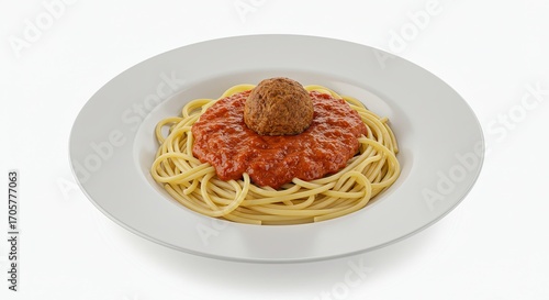 Spaghetti with Red Sauce and Meatball on White Plate