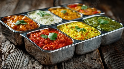 Indian tiffin carrier stainless steel compartments filled with curries vegetables rice chapati office lunch concept rustic wooden table background